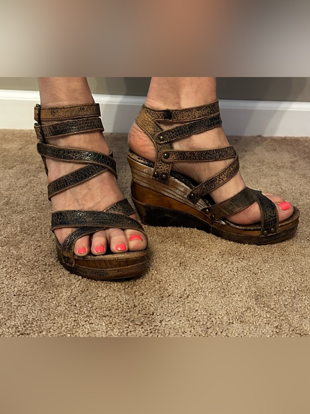Bed Stu Brown Strappy Wedge Sandals